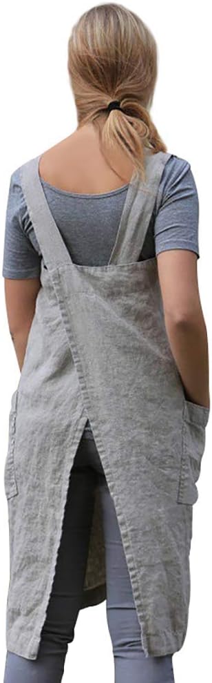 Larmliss Women's Pinafore Square Apron Baking Cooking Gardening Works Cross Back Cotton/Linen Blend Dress with 2 Pockets