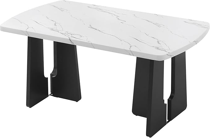 63" Faux Marble Island Table, Rustic Dining Table with Sturdy Legs, Farmhouse Dining Table for Home Gatherings & Workspaces, White+Black