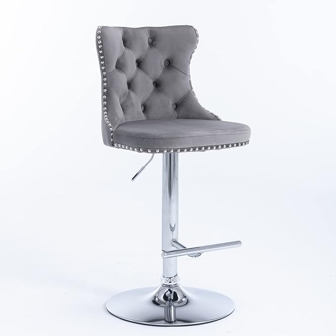Rhomtree Velvet Swivel Bar Stools Upholstered Bar Stool with Button Tufted Back and Pull Ring Height Adjustable Barstools 25-33 Inch for Home Pub and Kitchen Island (Gray with Silver Base, Set of 2)