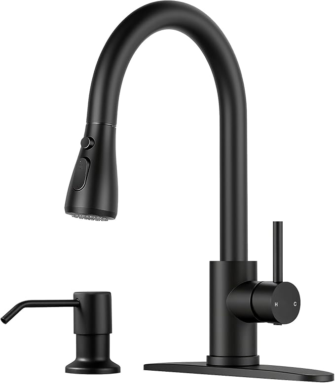 Pull Down Kitchen Faucet with Soap Dispenser - Matte Black Single Handle Kitchen Faucets, High Arc Stainless Steel Pull Out Kitchen Sink Faucet with Deck for RV Laundry Farmhouse Bar