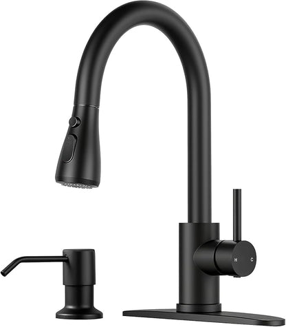 Pull Down Kitchen Faucet with Soap Dispenser - Matte Black Single Handle Kitchen Faucets, High Arc Stainless Steel Pull Out Kitchen Sink Faucet with Deck for RV Laundry Farmhouse Bar
