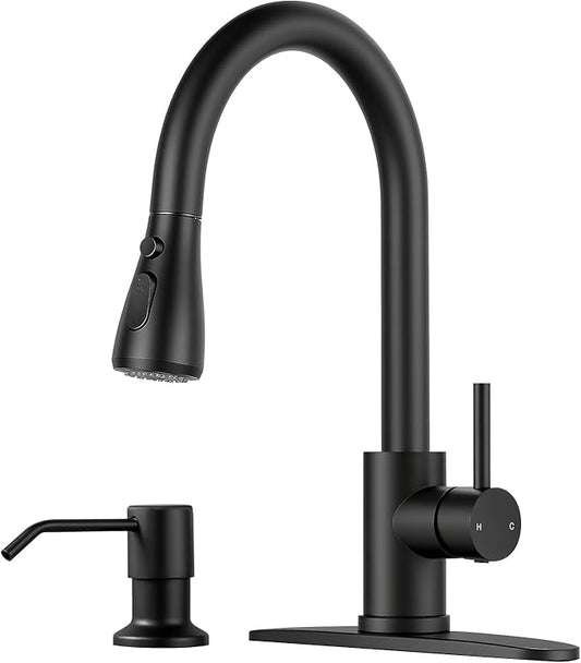 Pull Down Kitchen Faucet with Soap Dispenser - Matte Black Single Handle Kitchen Faucets, High Arc Stainless Steel Pull Out Kitchen Sink Faucet with Deck for RV Laundry Farmhouse Bar