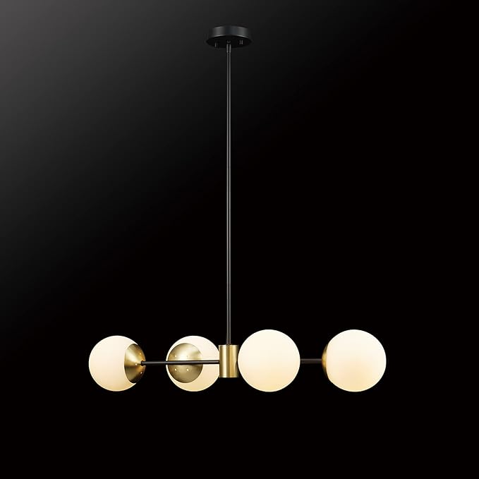 GLOBE Electric 67000064 4-Light Convertible Flush Mount Chandelier, Matte Black, Brass Accents, Opal Glass, Light Fixtures Ceiling Mount, Ceiling Light for Bedroom, Lighting for Hallway