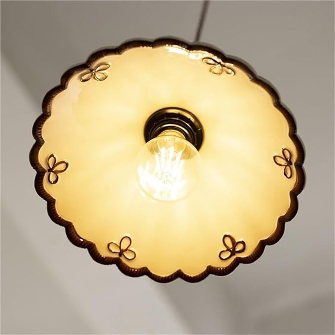 Vintage Scalloped Pendant Light, Cottagecore Farmhouse Style Hanging Lamp, Cream White Ceramic Shade, Adjustable Cord Ceiling Fixture for Kitchen Island, Dining Room, Bedroom, Cafe