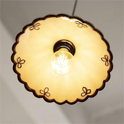 Vintage Scalloped Pendant Light, Cottagecore Farmhouse Style Hanging Lamp, Cream White Ceramic Shade, Adjustable Cord Ceiling Fixture for Kitchen Island, Dining Room, Bedroom, Cafe