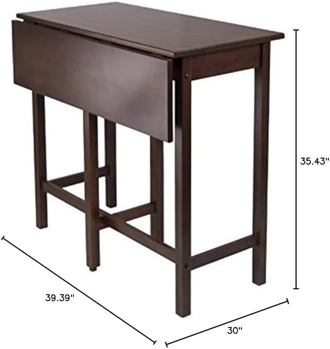 Pemberly Row Transitional Solid Wood Drop Leaf High Dining Table, Antique Walnut Finish, 39.37" W x 30" D, Space-Saving Design, Versatile Kitchen Island Table for Dining or Workspace Use