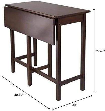 Pemberly Row Transitional Solid Wood Drop Leaf High Dining Table, Antique Walnut Finish, 39.37" W x 30" D, Space-Saving Design, Versatile Kitchen Island Table for Dining or Workspace Use
