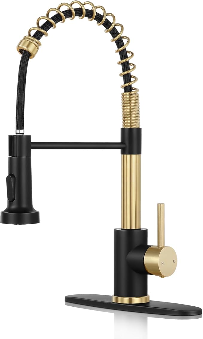 Kitchen Faucet with Pull Down Sprayer,Commercial Single Handle Stainless Steel Kitchen Faucets with Deck Plate (Brush Gold&Black)