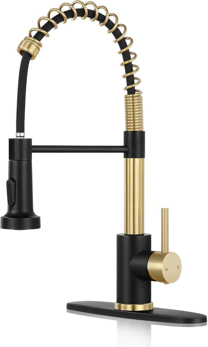 Kitchen Faucet with Pull Down Sprayer,Commercial Single Handle Stainless Steel Kitchen Faucets with Deck Plate (Brush Gold&Black)