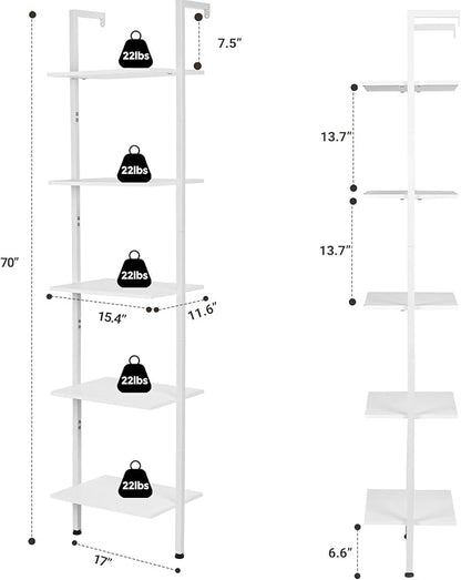 ELYKEN Ladder Shelf, White 5-Tier Wood Wall Mounted Bookshelf with Metal Frame, Modern Open Display Organizer Rack, Leaning Storage Shelves for Living Room, Bedroom, Home Office