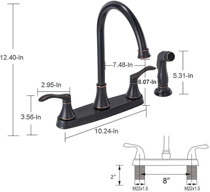 3 Hole or 4 Hole 2 Handle Kitchen Faucet with Side Sprayer, Commercial Lead-Free Oil Rubbed Bronze Kitchen Sink Faucets for Rv Sinks with High-Arc Spout & Side Sprayer, VADR0004H