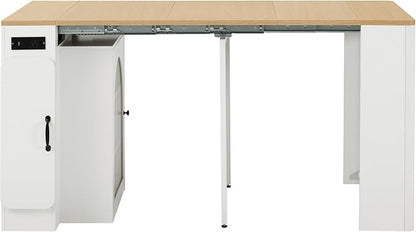 Extendable Dining Table with 3 Removable Middle Leaves,Mobile Rolling Island Table with Power Outlet,for Dining Room Living Room (Cream White,Natural#1)