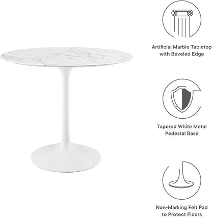 Modway Lippa Round 36" Mid-Century Modern Artificial Marble Dining Table in White