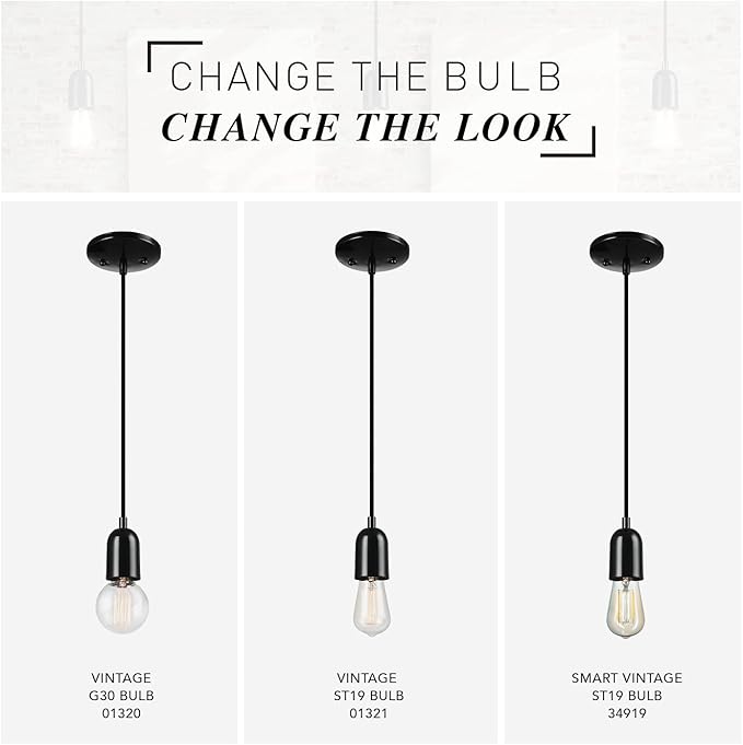 GLOBE Electric x Novogratz 60614 1-Light Pendant Light Fixture, Glossy Black, Faux Ceramic Socket, Braided Fabric Cord, Kitchen Island Lighting, Living Room Pendant Light, Hanging Lights for Bedroom