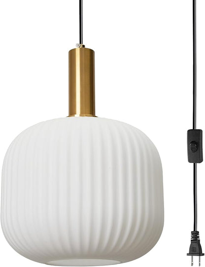 Plug in Pendant Light with Cord, 9.8" Milk Glass Hanging Light Fixture, White Ribbed Globe Swag Lamp with On/Off Switch, Mid-Century Modern Hanging Lamp for Bedroom, Kitchen, Dining Room