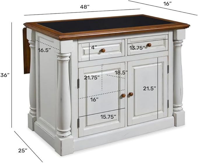 Home Styles Monarch White Kitchen Island with Distressed Oak Top, Black Granite Top Inset, Hardwood, Breakfast Bar, Two Drawers, Two Wood Panel Doors, and Adjustable Shelves