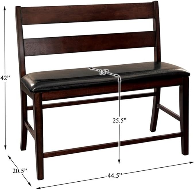 Pemberly Row 44.5 in Wood Counter Height Dining Bench, Cherry Finish, Faux Leather Upholstery, Wood Backrest, Transitional Kitchen Seating, 300 lb Capacity