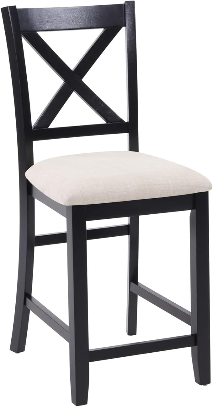 Counter Height Dining Chairs Set of 4, X-Back Kitchen Bar Stools with Padded Seat, Black Wooden Frame with Beige Linen Fabric, Ergonomic Chairs for Kitchen Island, Home Bar