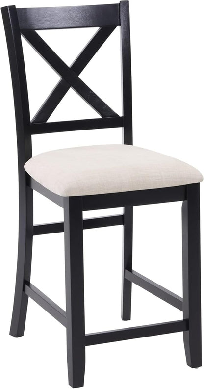 Counter Height Dining Chairs Set of 4, X-Back Kitchen Bar Stools with Padded Seat, Black Wooden Frame with Beige Linen Fabric, Ergonomic Chairs for Kitchen Island, Home Bar