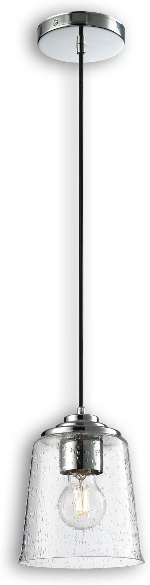 Modern Bubble Glass Pendant Light, 6"x6"x7.5" Rain-Drop Glass Hanging Fixture with Chrome Finish Base, Adjustable 15"-72" Cord, E26 Socket for Dining Room, Vanity Area, or Bar – Frosted Chrome