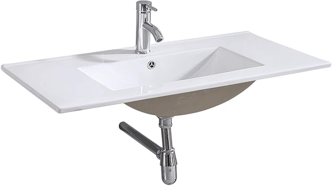 35.83"L×18.31"W×6.69"H Drop-In Rectangular Ceramic Bathroom Vanity Sink Top – White Integrated Overflow Sink with Single Hole Faucet & Pop-Up Drain Assembly