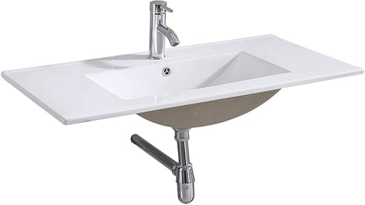 35.83"L×18.31"W×6.69"H Drop-In Rectangular Ceramic Bathroom Vanity Sink Top – White Integrated Overflow Sink with Single Hole Faucet & Pop-Up Drain Assembly