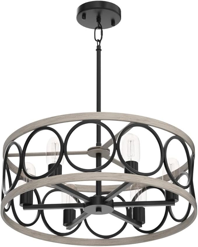MEIXISUE Modern Farmhouse Drum Chandelier Black and White Birch Finish 6-Lights Round Metal Rustic Vintage Chandelier Light Fixtures for Kitchen Dining Room Living Room Office Hotel Restaurant