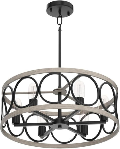 MEIXISUE Modern Farmhouse Drum Chandelier Black and White Birch Finish 6-Lights Round Metal Rustic Vintage Chandelier Light Fixtures for Kitchen Dining Room Living Room Office Hotel Restaurant
