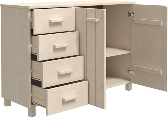 Honey Brown Pine Sideboard Buffet Cabinet 44.5" Wide 4-Drawer 2-Door Wine Bar Liquor Storage for Dining Room Living Room Entryway
