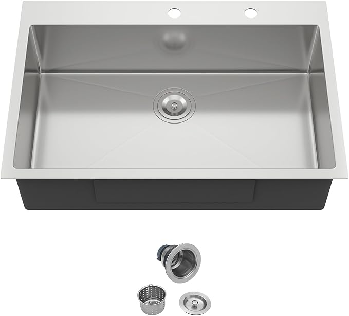 33 Inch Drop In Kitchen Sink - 33x22 Drop In Sink Stainless Steel 18 Gauge Single Bowl Topmount Handmade Sinks Kitchen Sinks Above the Counter, 9" Deep