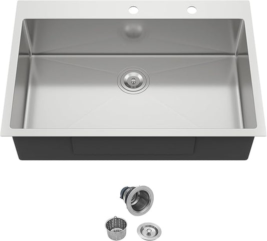 33 Inch Drop In Kitchen Sink - 33x22 Drop In Sink Stainless Steel 18 Gauge Single Bowl Topmount Handmade Sinks Kitchen Sinks Above the Counter, 9" Deep