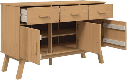 Brown Solid Pinewood Sideboard, Wax Finish, 44.9" x 16. 28. Buffet Cabinet with Drawers, Scandinavian Furniture for Living Room, Kitchen Island Storage Dining Storage