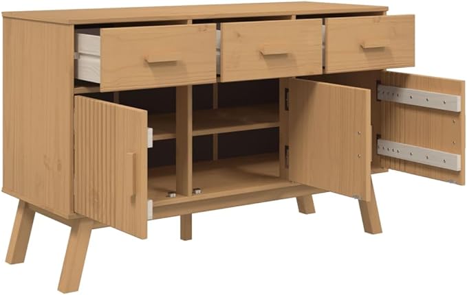 Brown Solid Pinewood Sideboard, Wax Finish, 44.9" x 16.9" x 28.9" Buffet Cabinet with Drawers, Scandinavian Furniture for Living Room, Kitchen Island Storage Kitchen Furnitur