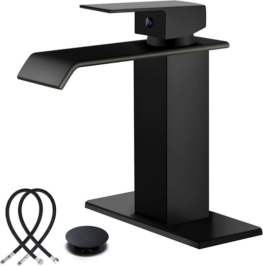 Midanya Waterfall Bathroom Faucets, Single Handle 1 Hole Bathroom Sink Faucet Modern RV Vanity Restroom Lavatory Basin Faucet with Pop Up Drain and Water Supply Lines,Matte Black