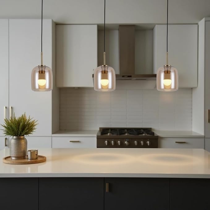 Amber Pendant Lights Kitchen Island - Small Size Hanging Light Fixture - Includes E26 Bulb