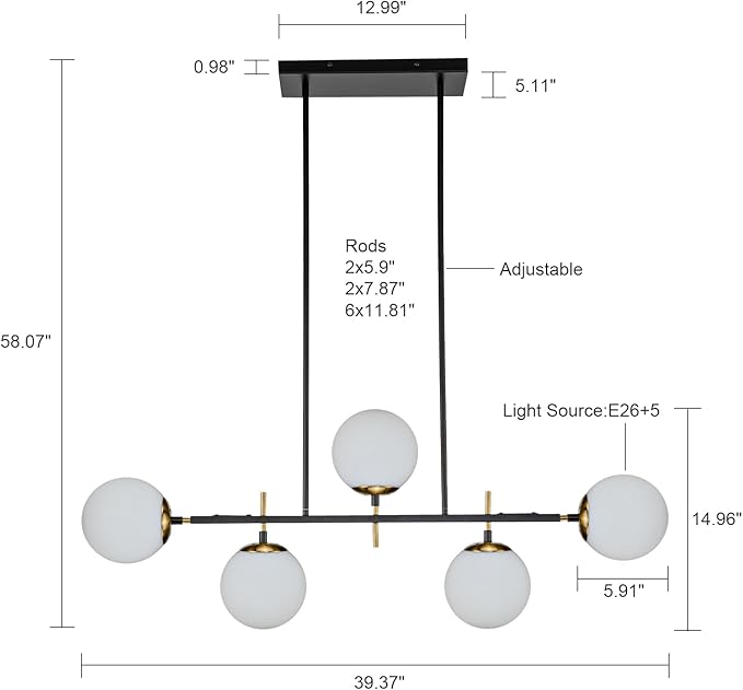 EDISLIVE Modern Milk Globe Chandelier 5-Light Glass Globe Pendant Light Fixture 39.4in E26 Linear Hanging Lighting for Kitchen Island Dinning Room Living Room Black