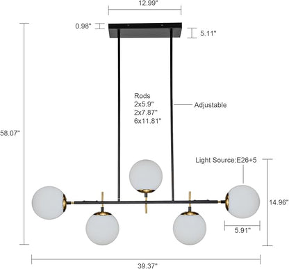 EDISLIVE Modern Milk Globe Chandelier 5-Light Glass Globe Pendant Light Fixture 39.4in E26 Linear Hanging Lighting for Kitchen Island Dinning Room Living Room Black
