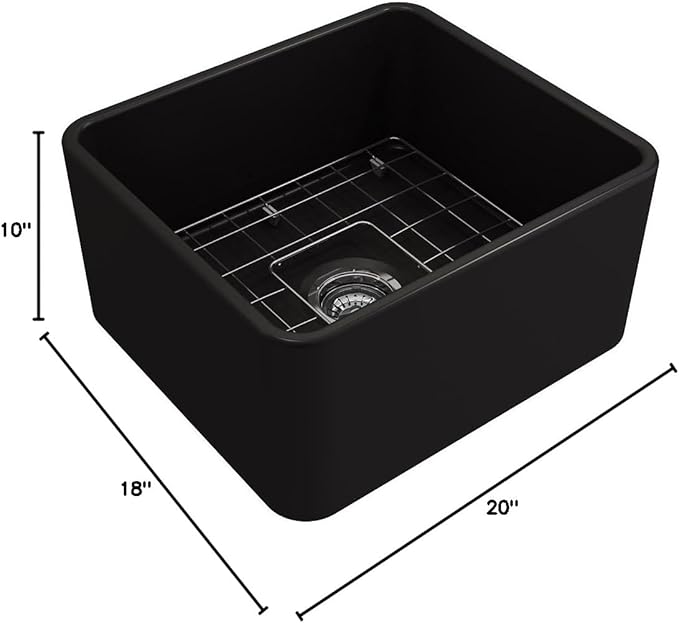 BOCCHI Classico Farmhouse Apron Front Fireclay 20 in. Single Bowl Kitchen Sink with Protective Bottom Grid and Strainer in M.Black