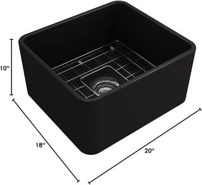 BOCCHI Classico Farmhouse Apron Front Fireclay 20 in. Single Bowl Kitchen Sink with Protective Bottom Grid and Strainer in M.Black