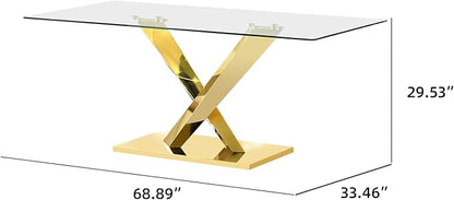 69” Modern Glass Dining Table for 6, Luxury Clear Tempered Glass Top with Gold X-Base Stainless Steel Legs, Elegant Rectangle Dining Room Table