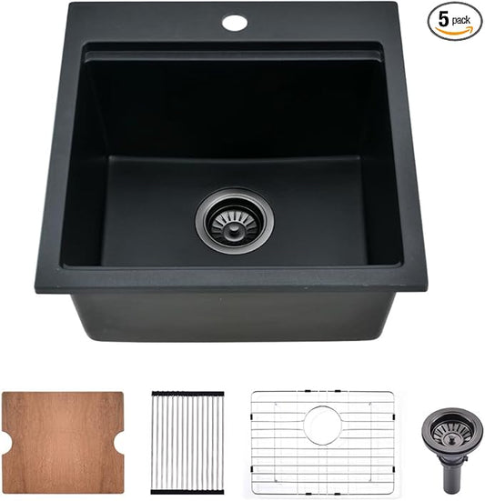 15x15 Black Drop In Bar Sink Workstation -Bokaiya 15 Inch Quartz Outdoor Rv Wet Bar Sink Single Bowl Small Drop In Kitchen Sinks with Cutting Board