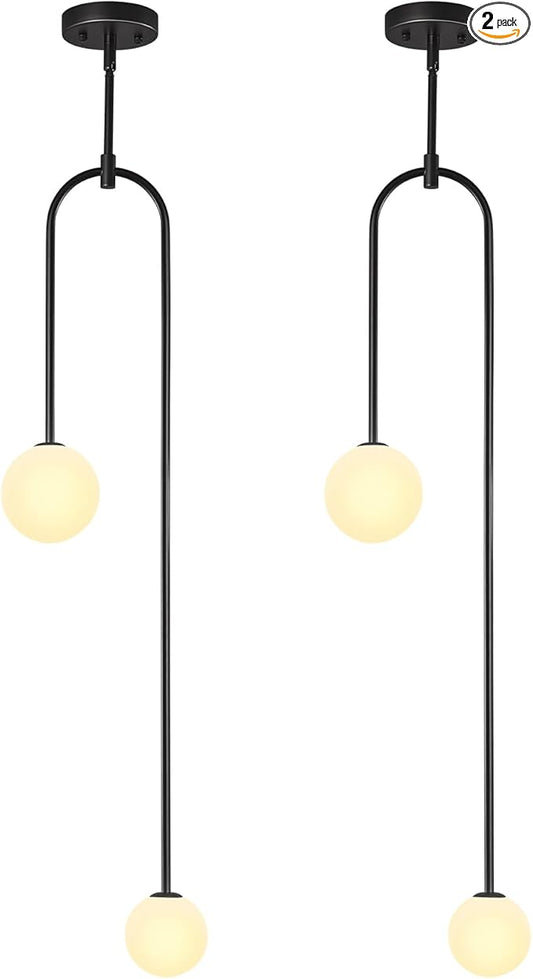 Modern Milk Glass Pendant Light 2 Light Mid Century Chandelier Small Glass Globe Black Pendant Lights for Kitchen Island Bedroom Dining (2 Pack)