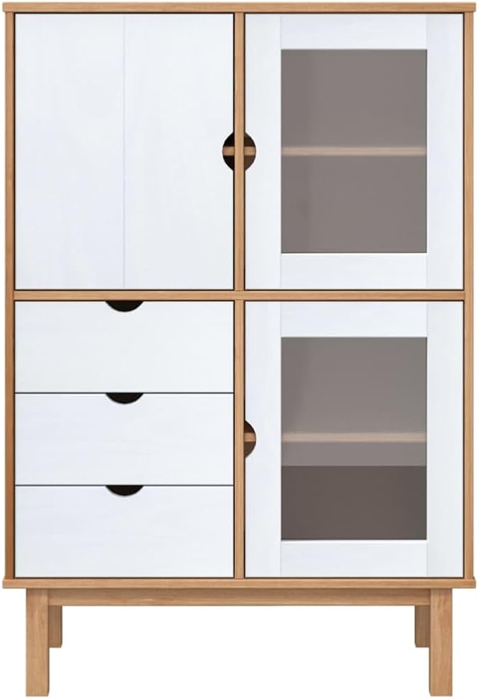 Solid Pine Wood Highboard, Brown and White Buffet Cabinet with Drawers, 33.5 x 16.9 x 49.2 Inch Tall Storage Cabinet for Living Room, Rustic Furniture Kitchen Furnitur