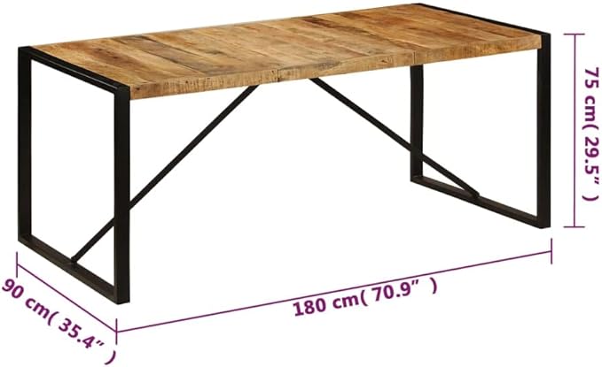 Solid Mango Wood Dining Table, Brown and Black Powder-Coated Steel, 70.9x35.4 Inch Rectangular Kitchen Dinner Table for 6 People, Modern Farmhouse Style