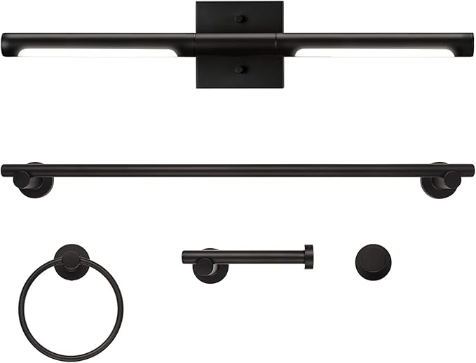 Globe Electric 63000203 5-Piece All-in-One Bathroom Set, 2-Light LED Vanity Light, Matte Black, 1200 Lumen, Towel Bar, Robe Hook, Toilet Paper Holder, Towel Ring, Bathroom Lights Over Mirror