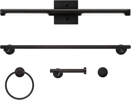 Globe Electric 63000203 5-Piece All-in-One Bathroom Set, 2-Light LED Vanity Light, Matte Black, 1200 Lumen, Towel Bar, Robe Hook, Toilet Paper Holder, Towel Ring, Bathroom Lights Over Mirror