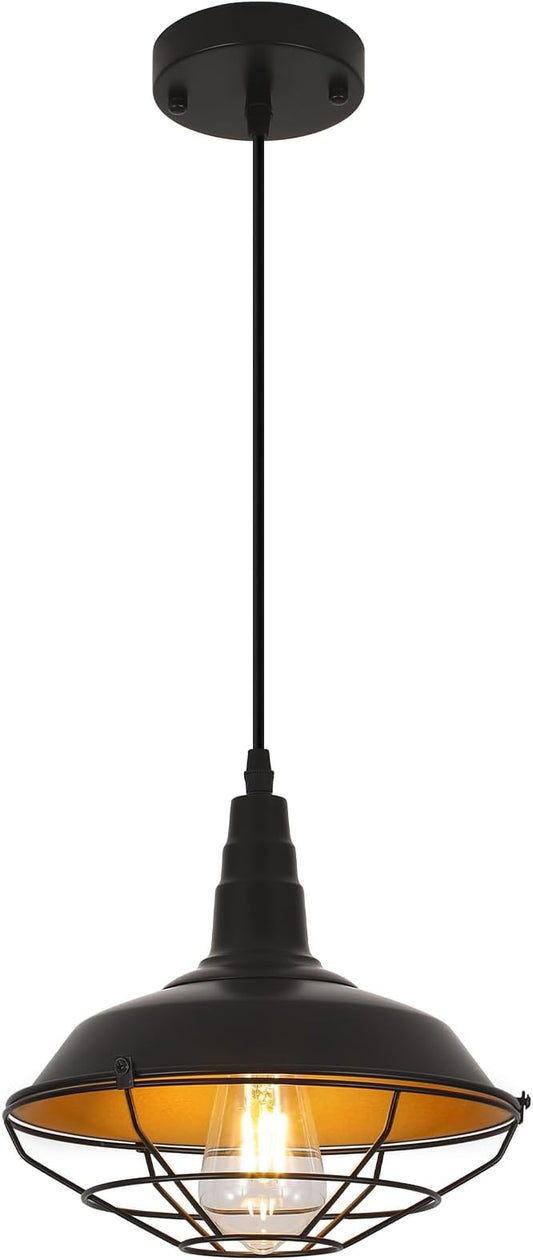 Farmhouse Pendant Lights Kitchen Island, 10.2" Black Kitchen Pendant Lighting Over Island, Industrial Vintage Hanging Light Fixtures Rustic Metal Wire Cage Pendant Light, 1 Pack