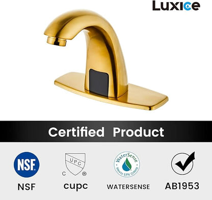 Brushed Gold Touchless Bathroom Sink Faucet - Automatic Motion Sensor Battery Opertated with Temperature Mixing Valve for Commercial Lavatory