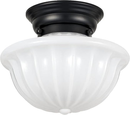 youngrender Black Schoolhouse Light Fixture Ceiling, 9 Inch Hallway Semi Flush Mount Ceiling Lighting, White Milk Glass Ceiling Lights Mid Century for Bedroom, Kitchen, Entryway