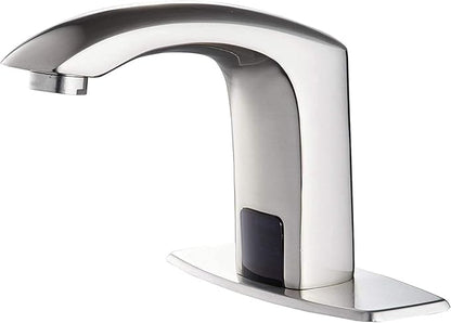 Automatic Sensor Touchless Bathroom Faucet Brushed Nickel Motion Actived Solid Brass Bathroom Sink Faucet with Hole Cover Plate Hands Free Vanity Faucets Deck Mount